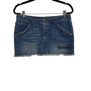 Harley Davidson Women Sz 8 Y2K Blue Denim Studded Frayed Embroidered Logo Skirt